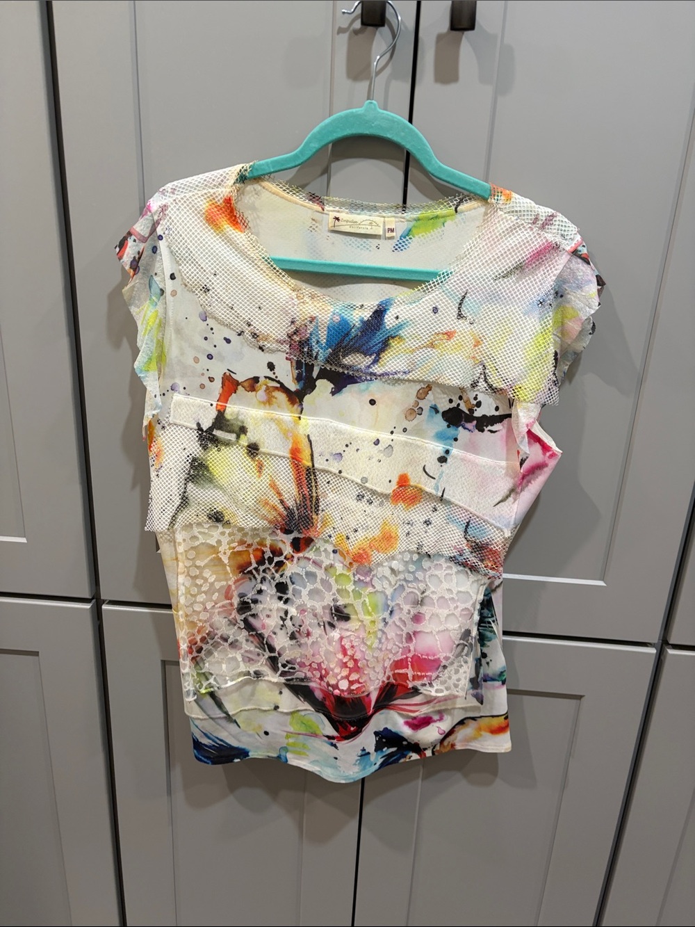 Abstract Multicolor Mesh Short Sleeve Top - Brand Unknown